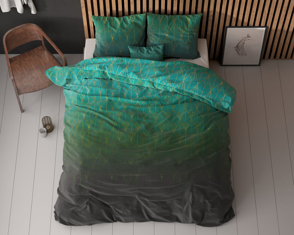 Dekbedovertrek katoen polyester Bowen groen met grafisch goudkleurig patroon 240 x 220 cm, met 2 kussenslopen