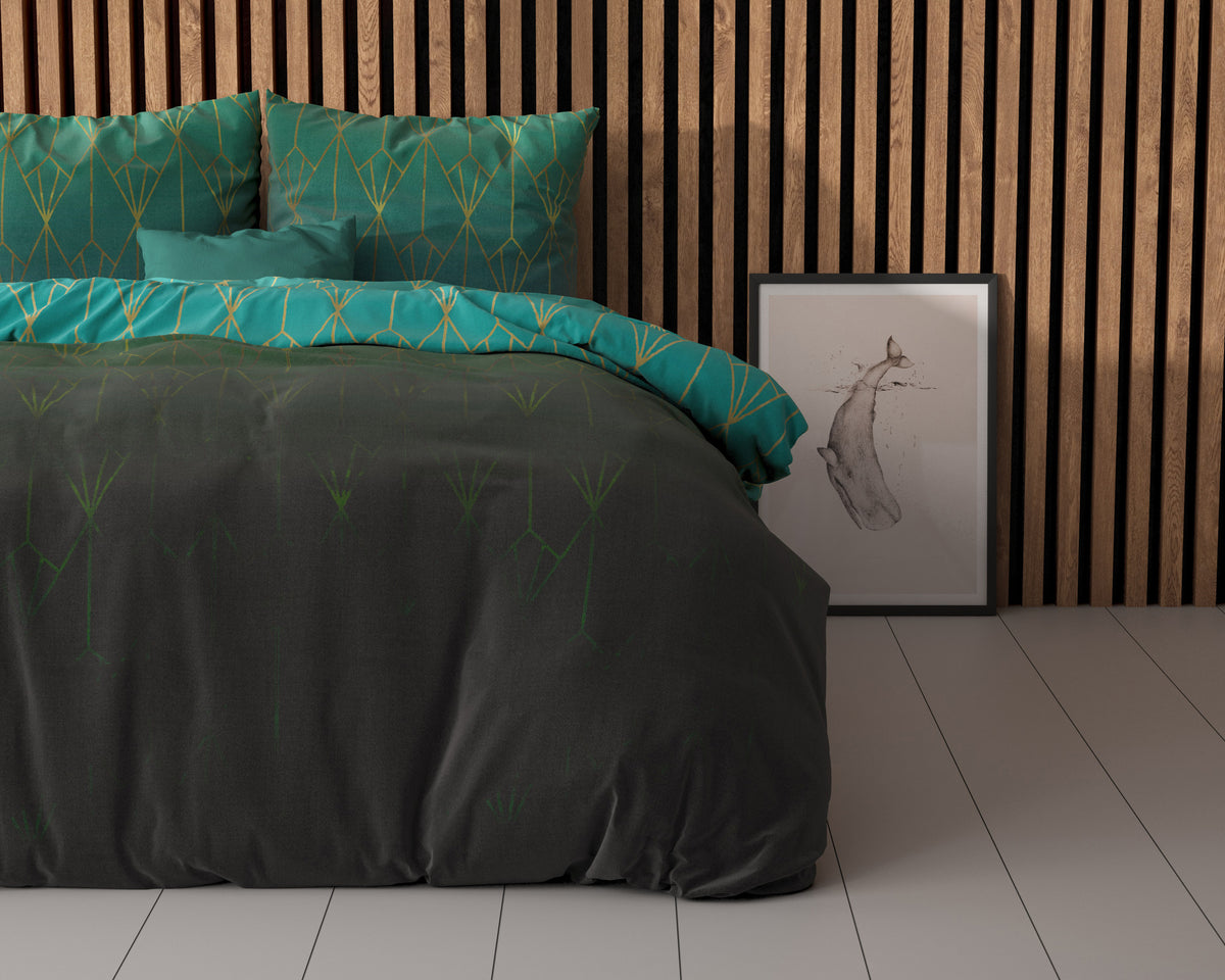 Dekbedovertrek katoen polyester Bowen groen met grafisch goudkleurig patroon 240 x 220 cm, met 2 kussenslopen