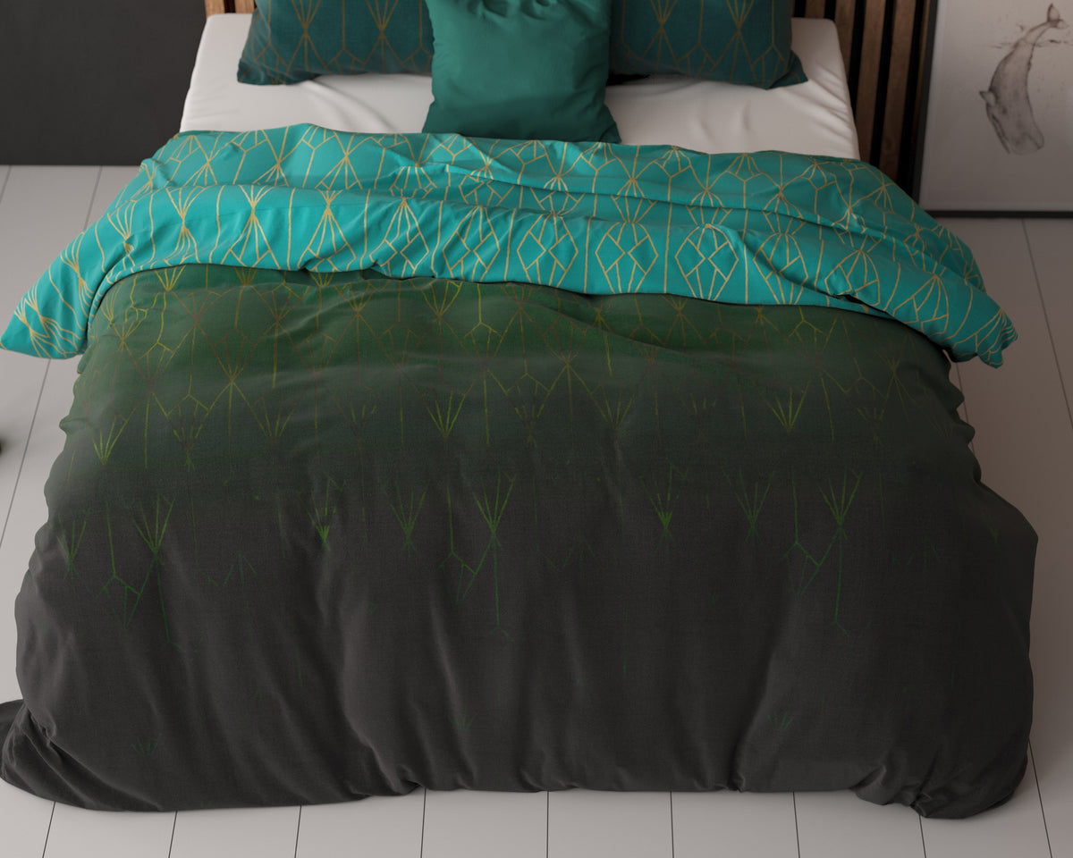 Dekbedovertrek katoen polyester Bowen groen met grafisch goudkleurig patroon 240 x 220 cm, met 2 kussenslopen