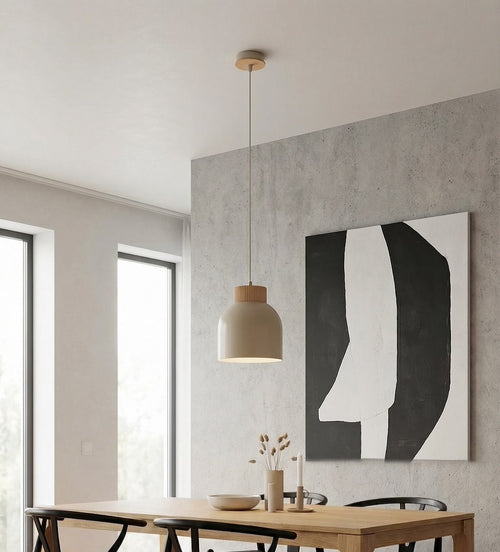 Hanglamp gepoedercoat staal en multiplex Vigo 1 Scandinavisch, beige, Ø 18 cm, 1 lichtpunt E27, hoogte verstelbaar