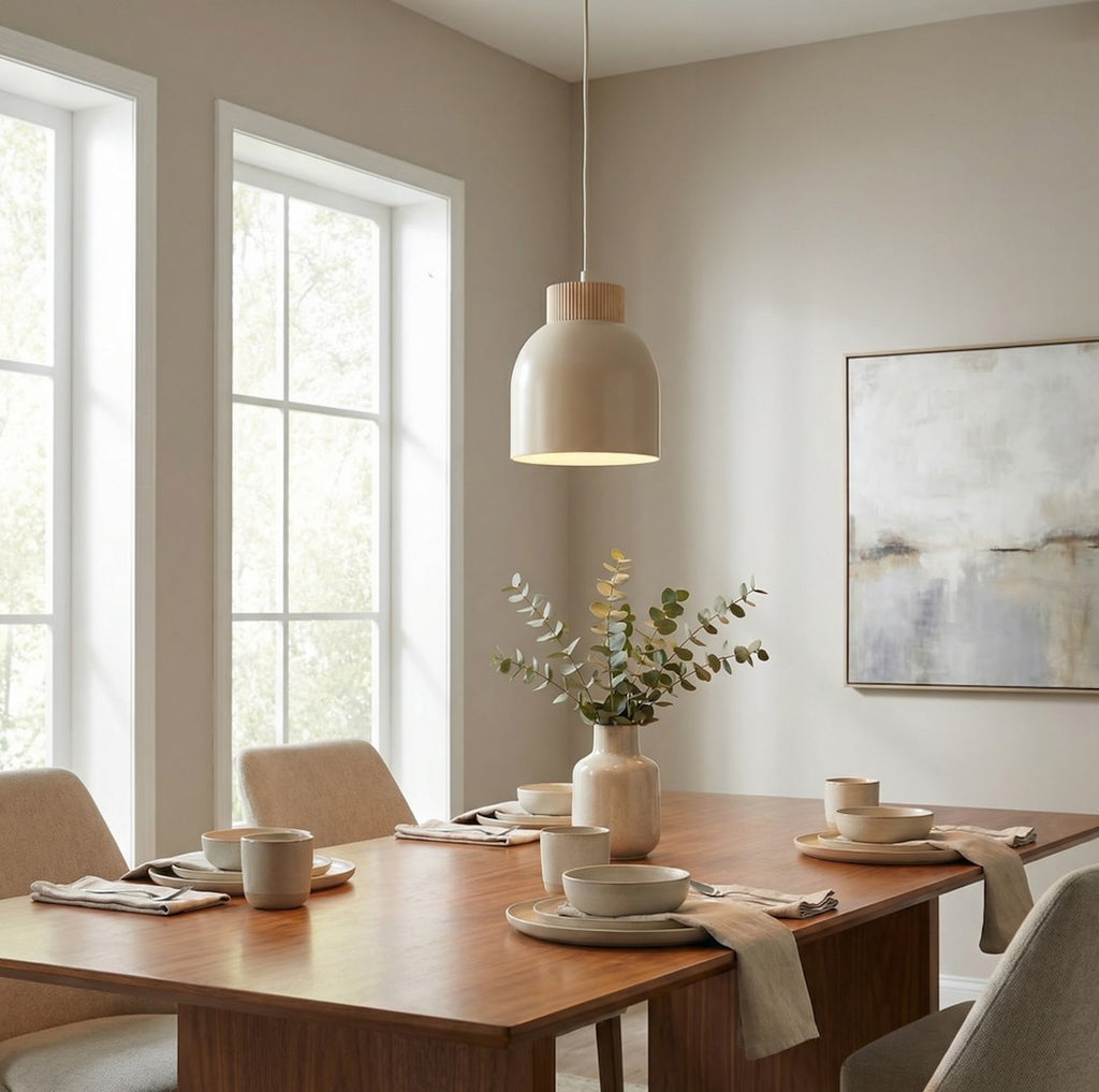 Hanglamp gepoedercoat staal en multiplex Vigo 1 Scandinavisch, beige, Ø 18 cm, 1 lichtpunt E27, hoogte verstelbaar