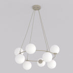 Hanglamp gepoedercoat staal en glas Azura, glamour, beige met witte kappen, 9 lichtpunten, 75 x 75 cm