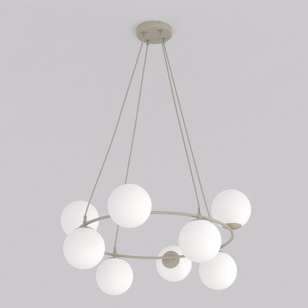 Hanglamp gepoedercoat staal en glas Azura, glamour, beige met witte kappen, 9 lichtpunten, 75 x 75 cm