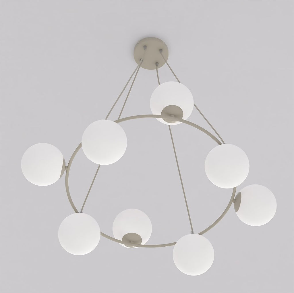 Hanglamp gepoedercoat staal en glas Azura, glamour, beige met witte kappen, 9 lichtpunten, 75 x 75 cm