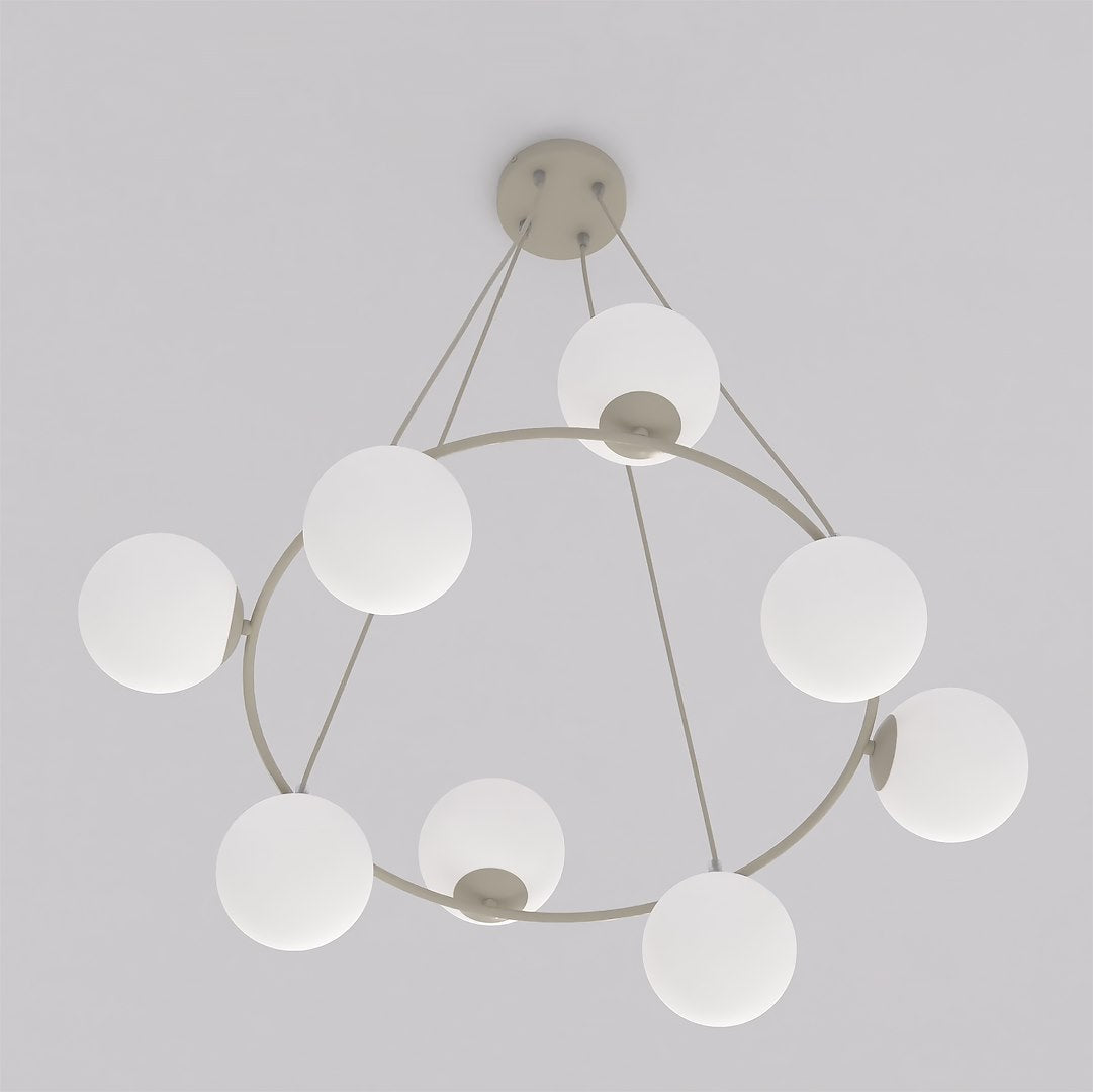 Hanglamp gepoedercoat staal en glas Azura, glamour, beige met witte kappen, 9 lichtpunten, 75 x 75 cm