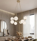 Hanglamp gepoedercoat staal en glas Azura, glamour, beige met witte kappen, 9 lichtpunten, 75 x 75 cm