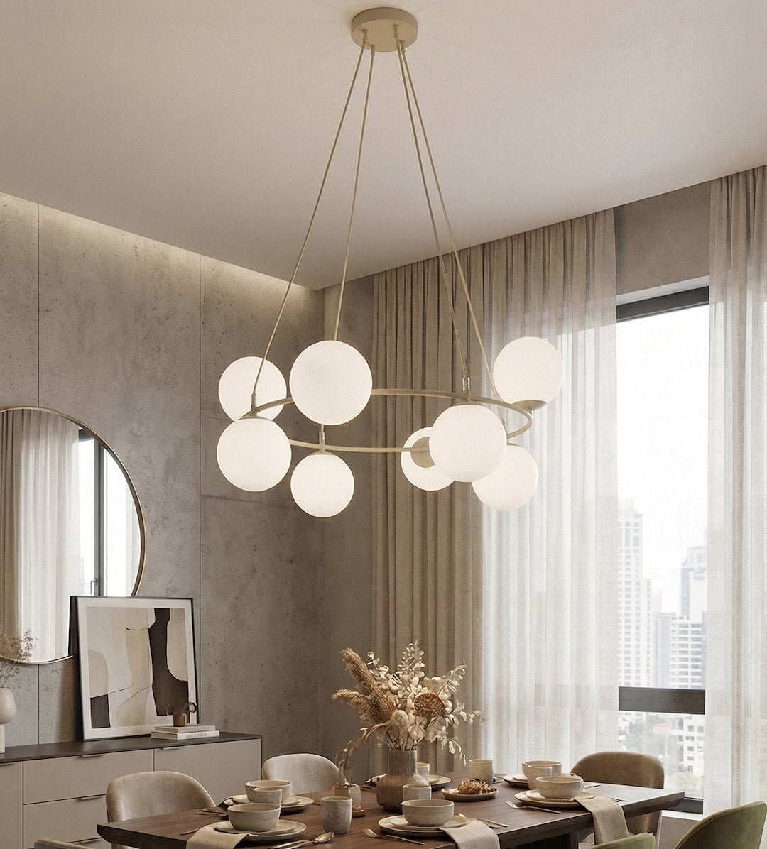 Hanglamp gepoedercoat staal en glas Azura, glamour, beige met witte kappen, 9 lichtpunten, 75 x 75 cm