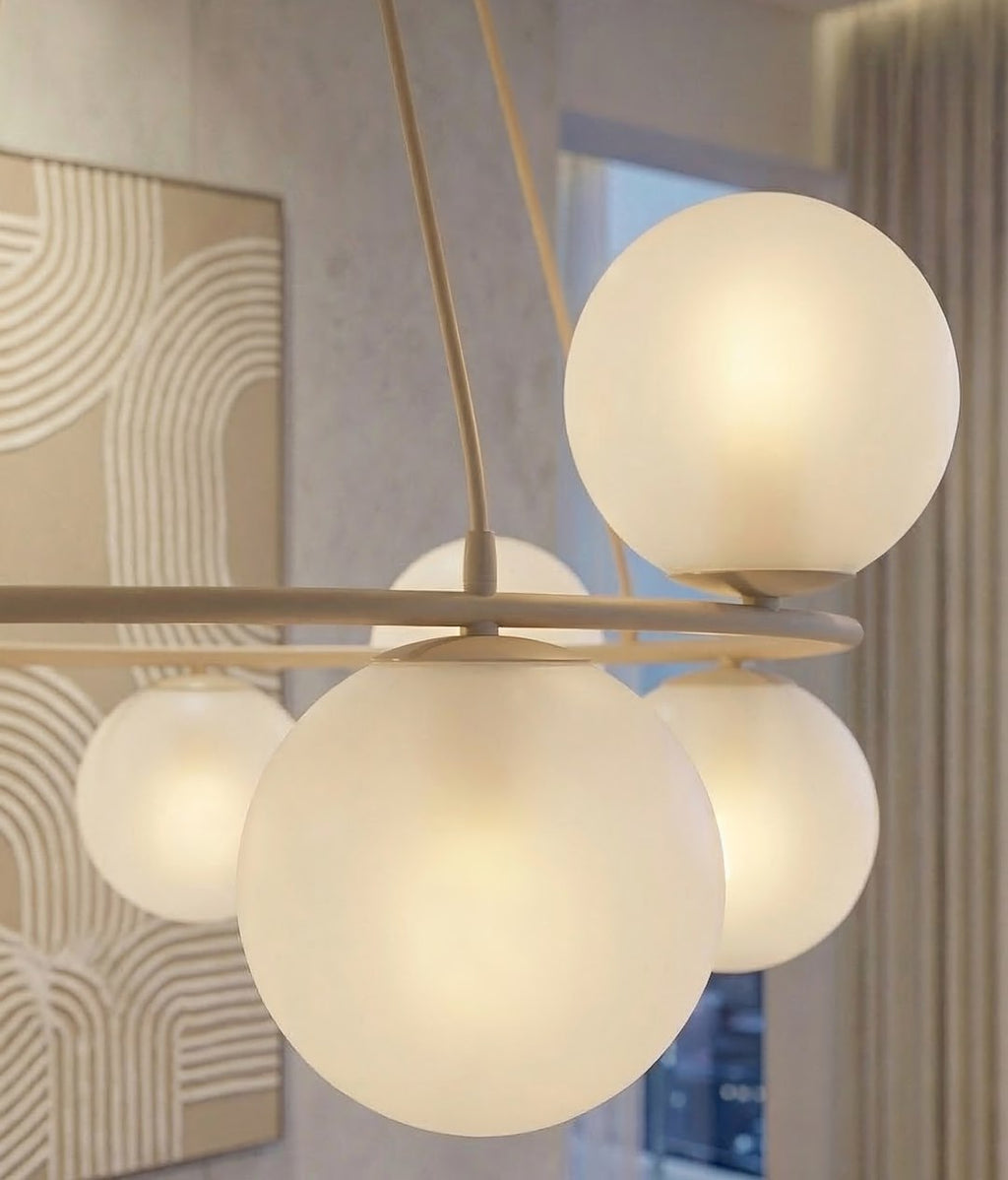 Hanglamp gepoedercoat staal en glas Azura, glamour, beige met witte kappen, 9 lichtpunten, 75 x 75 cm