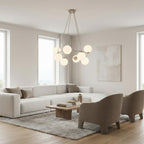 Hanglamp gepoedercoat staal en glas Azura, glamour, beige met witte kappen, 9 lichtpunten, 75 x 75 cm