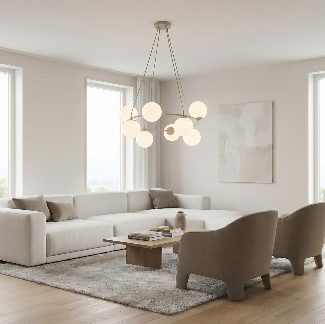 Hanglamp gepoedercoat staal en glas Azura, glamour, beige met witte kappen, 9 lichtpunten, 75 x 75 cm