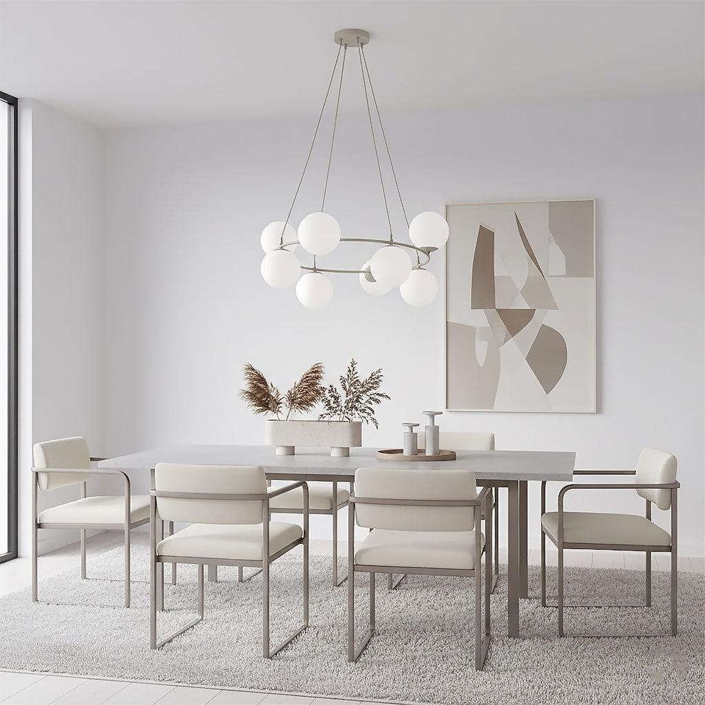 Hanglamp gepoedercoat staal en glas Azura, glamour, beige met witte kappen, 9 lichtpunten, 75 x 75 cm