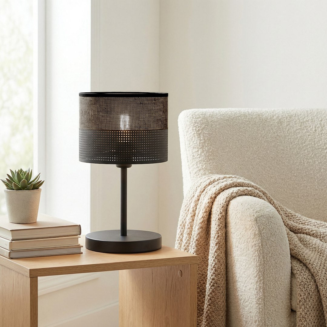 Tafellamp gepoedercoat staal minimalistisch Karbon zwart, stoffen kap Ø 20 cm, E27 – bureau en nachtkastje