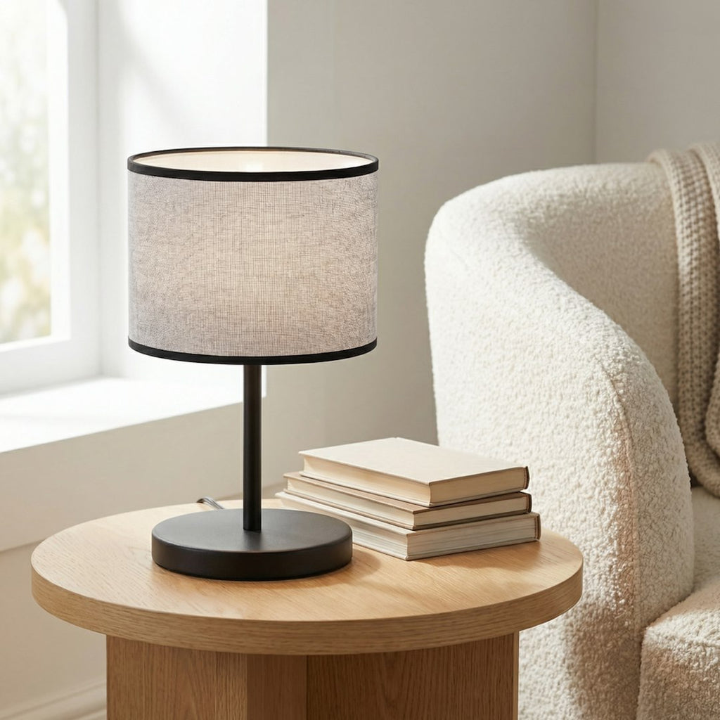 Tafellamp gepoedercoat staal minimalistisch Eco grijs met zwarte accenten, stoffen kap Ø 20 cm, E27