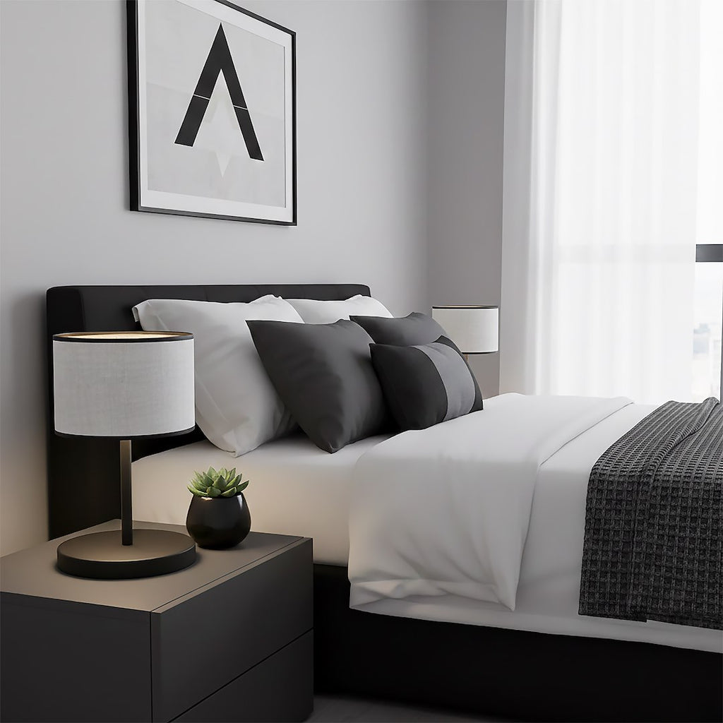 Tafellamp gepoedercoat staal minimalistisch Eco grijs met zwarte accenten, stoffen kap Ø 20 cm, E27