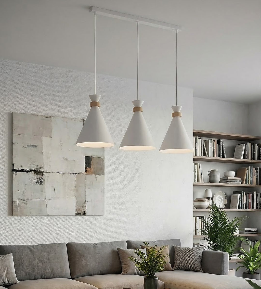 Hanglamp gepoedercoat staal en hout Scandinavisch wit met 3 fittingen E27, 78 cm breed, hoogte verstelbaar