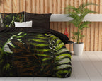 Dekbedovertrek katoensatijn Jungle Art 2 taupe met bladprint 240 x 220 cm, met 2 kussenslopen 60 x 70 cm
