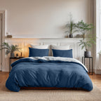 Dekbedovertrek micropercal omkeerbaar marineblauw/wit 140 x 220 cm, met kussensloop 60 x 70 cm