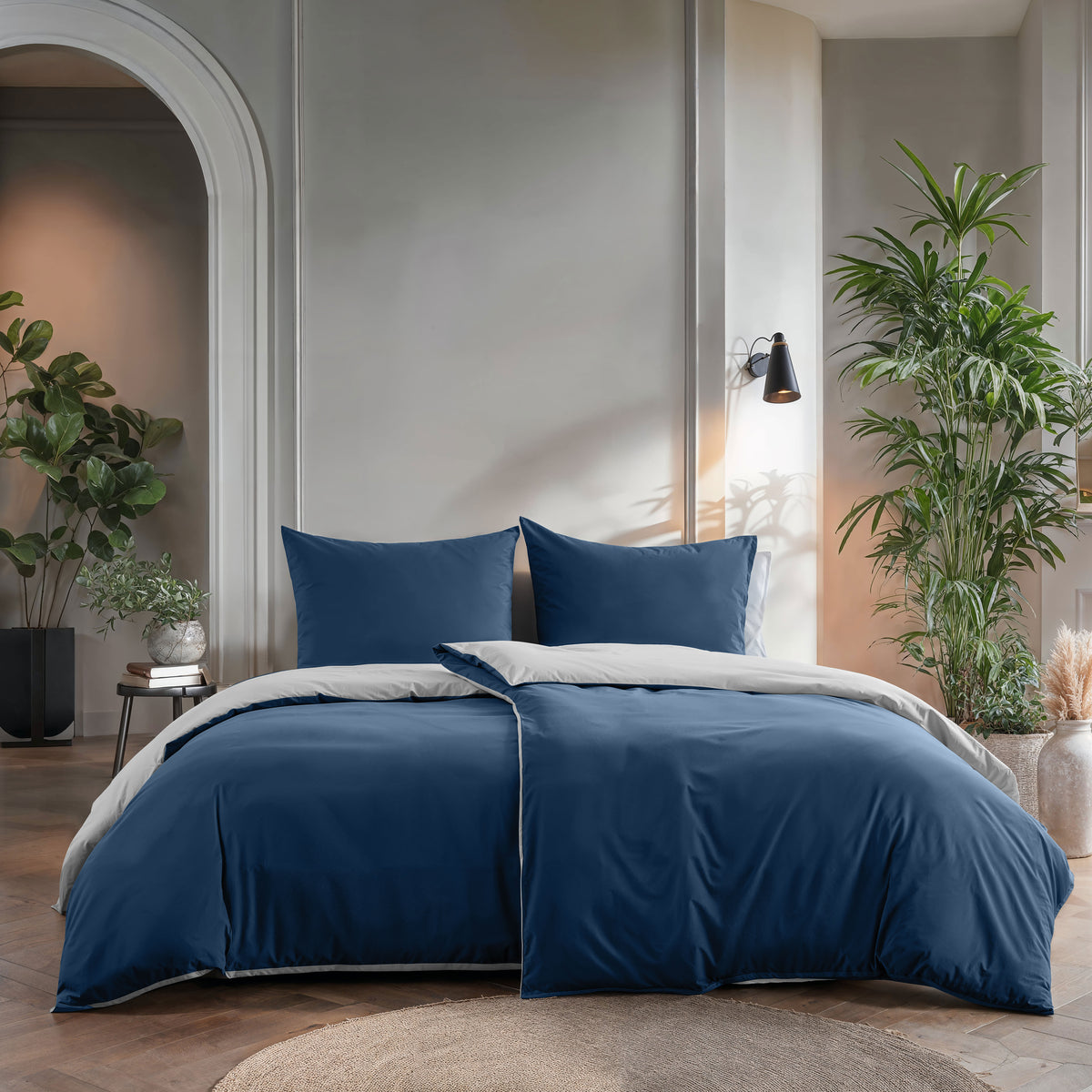 Dekbedovertrek micropercal omkeerbaar marineblauw/wit 140 x 220 cm, met kussensloop 60 x 70 cm