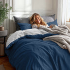 Dekbedovertrek micropercal omkeerbaar marineblauw/wit 140 x 220 cm, met kussensloop 60 x 70 cm