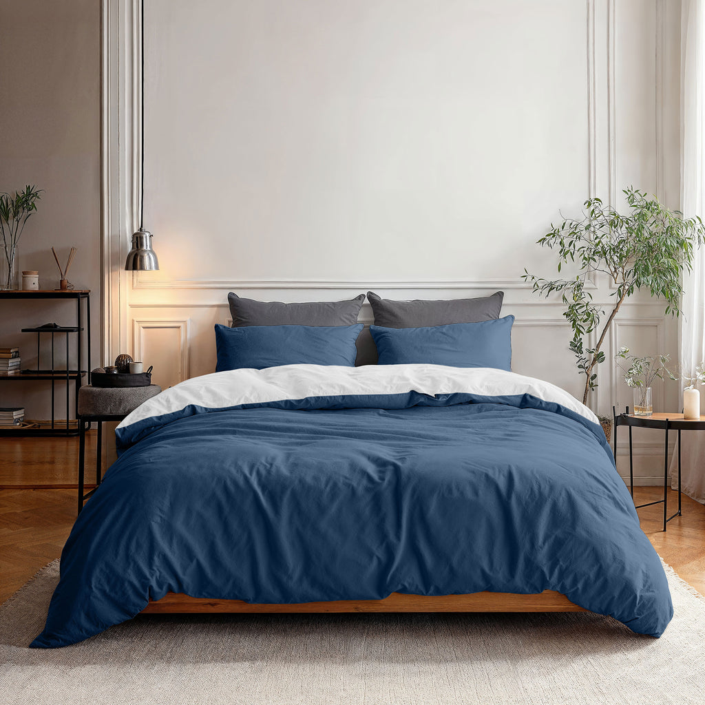 Dekbedovertrek micropercal dubbelzijdig marineblauw/wit 240 x 220 cm, met kussenslopen 60 x 70 cm