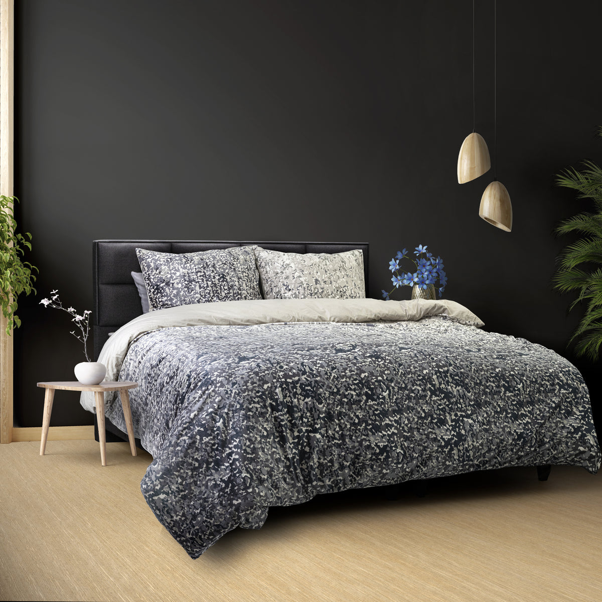 Dekbedovertrek katoenfluweel antraciet en gebroken wit 200 x 220 cm, omkeerbaar met hotelsluiting kussenslopen