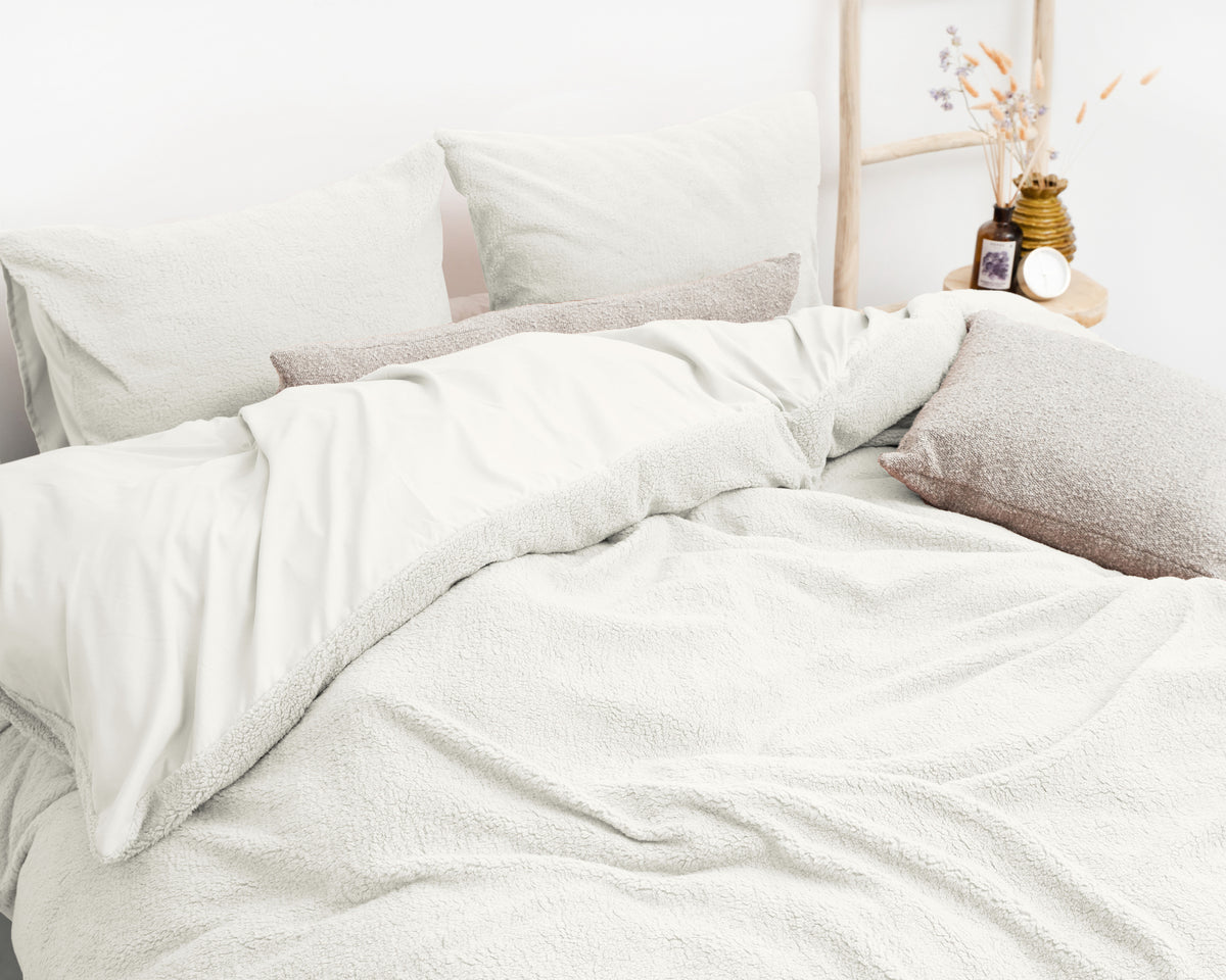 Dekbedovertrek teddy polyester wit 140 x 220 cm, met 1 kussensloop, zacht en warm voor de slaapkamer