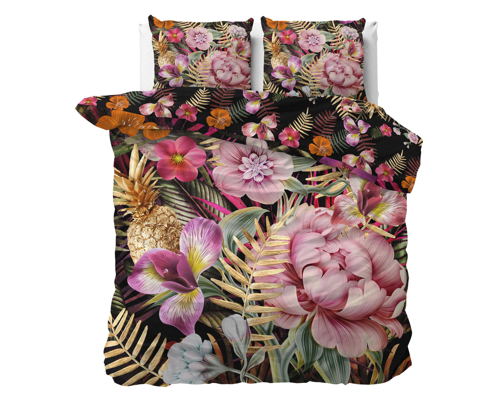 Dekbedovertrek met twee kussens, bloemenprint met roze bloemen, gouden bladeren en ananas op donkere achtergrond