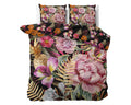Dekbedovertrek met twee kussens, bloemenprint met roze bloemen, gouden bladeren en ananas op donkere achtergrond
