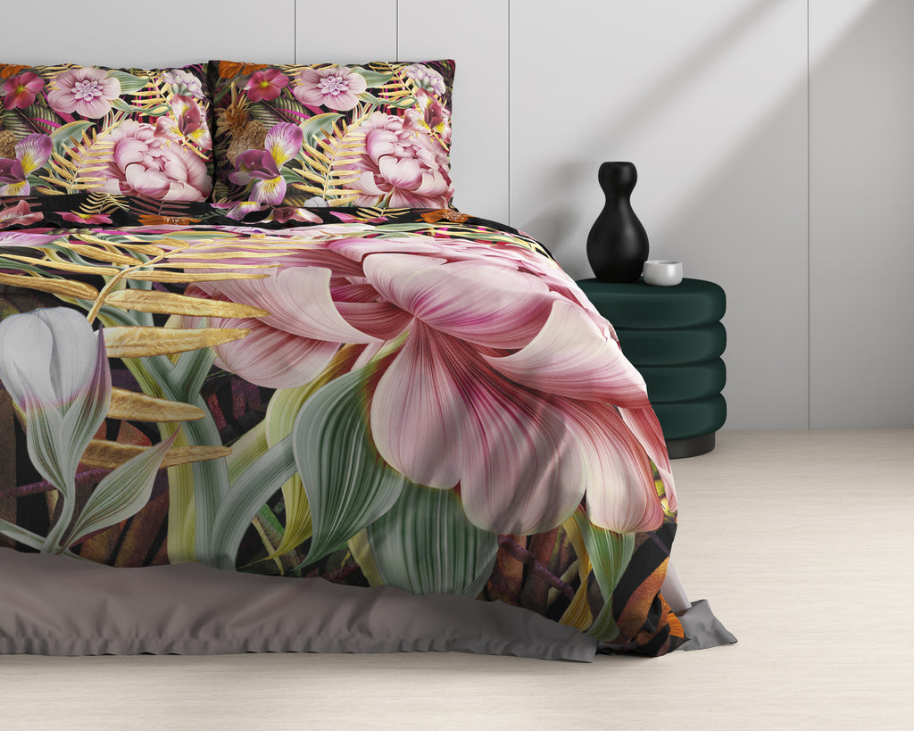 Dekbedovertrek katoensatijn bloemenprint roze 240 x 220 cm, met 2 kussenslopen 60 x 70 cm