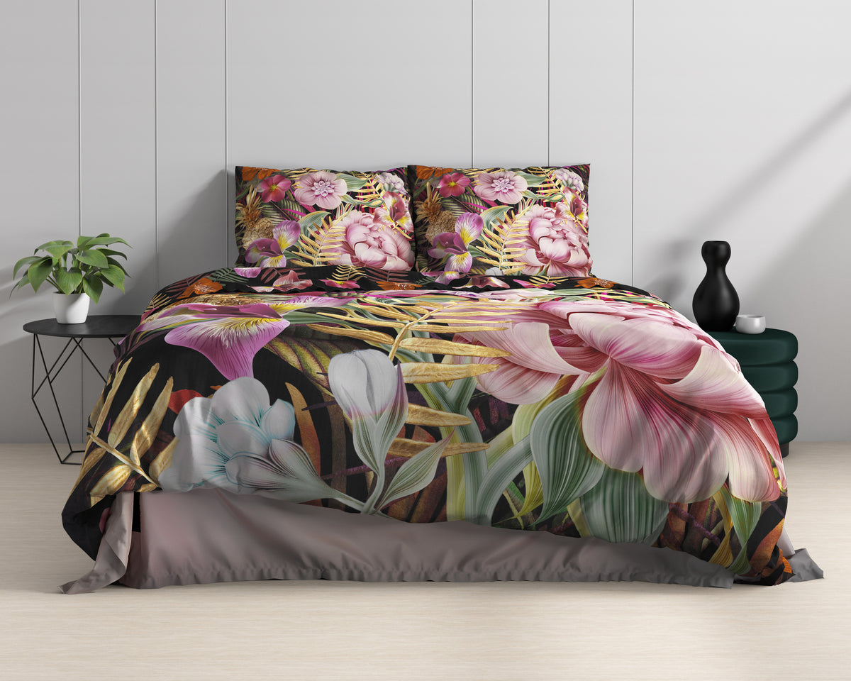 Dekbedovertrek katoensatijn bloemenprint roze 240 x 220 cm, met 2 kussenslopen 60 x 70 cm