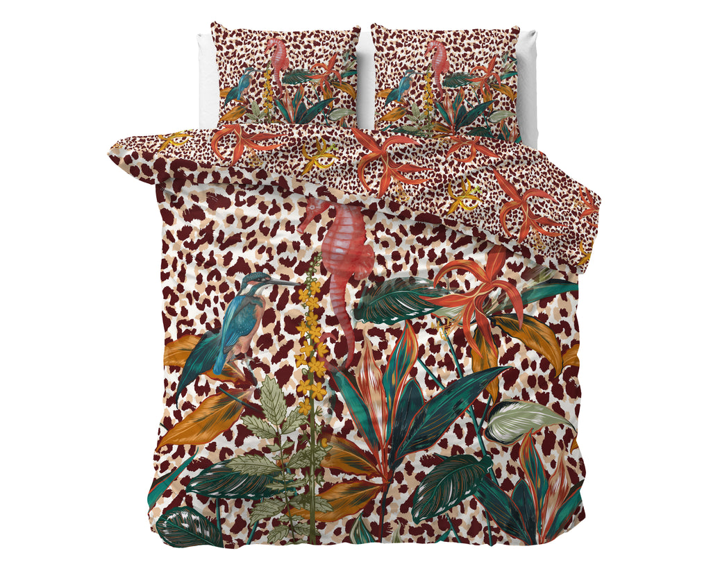 Dekbedovertrek met kussenslopen met luipaardprint, tropische bladeren, oranje bloemen, een ijsvogel en een zeepaardje
