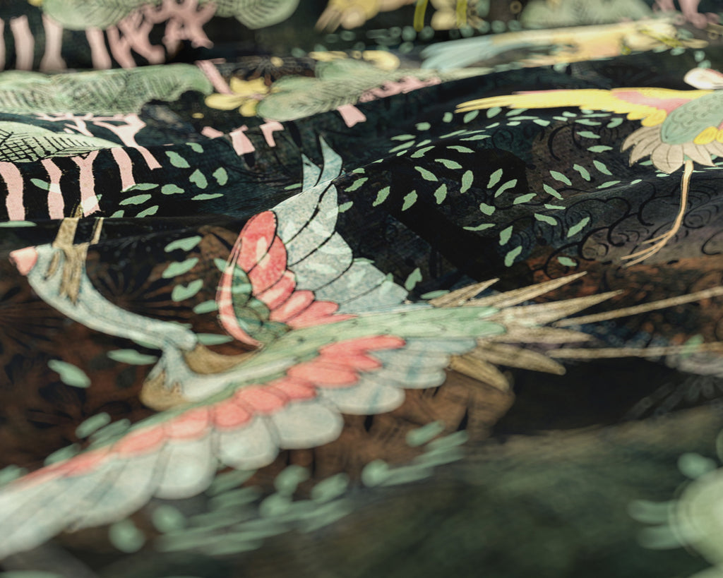 Dekbedovertrek katoensatijn Lisette groen met kraanvogelprint 240 x 220 cm, met 2 kussenslopen 60 x 70 cm