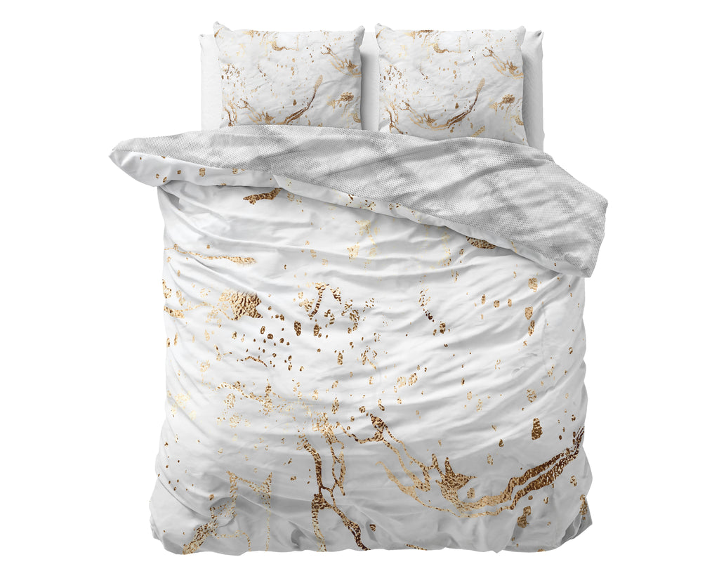 Dekbedovertrek katoensatijn Marble Bianco marmerpatroon wit 240 x 220 cm, met kussenslopen