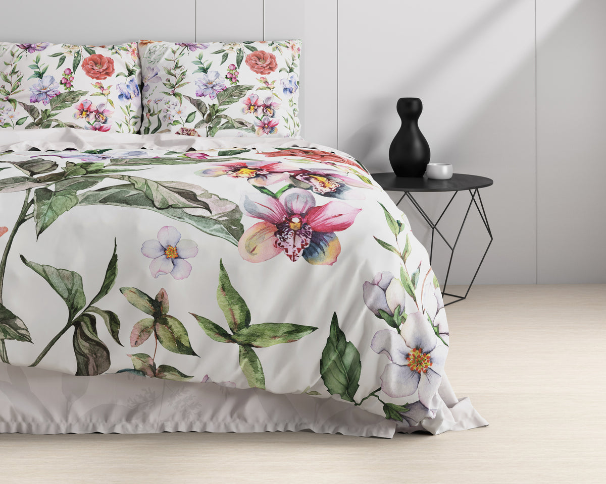 Dekbedovertrek katoen satijn Ophelia wit met bloemenprint 240 x 220 cm, met 2 kussenslopen, slaapkamer