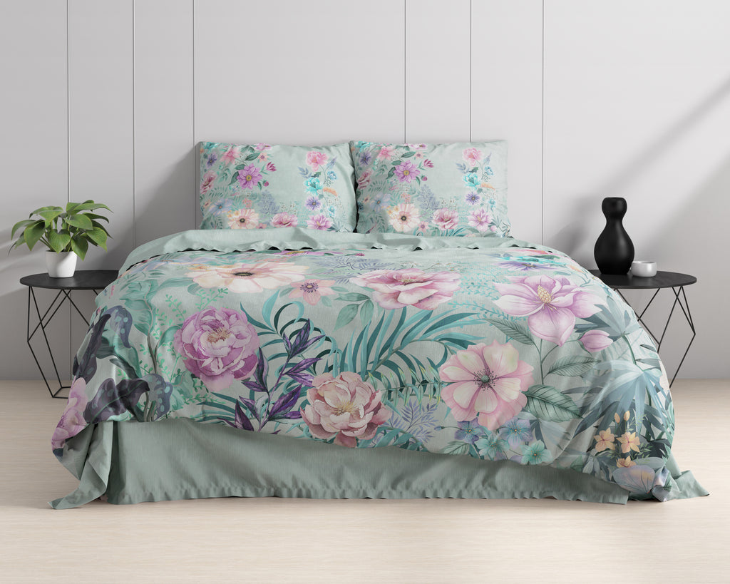 Dekbedovertrek katoensatijn Flore bloemenprint blauw 240 x 220 cm, met 2 kussenslopen voor de slaapkamer