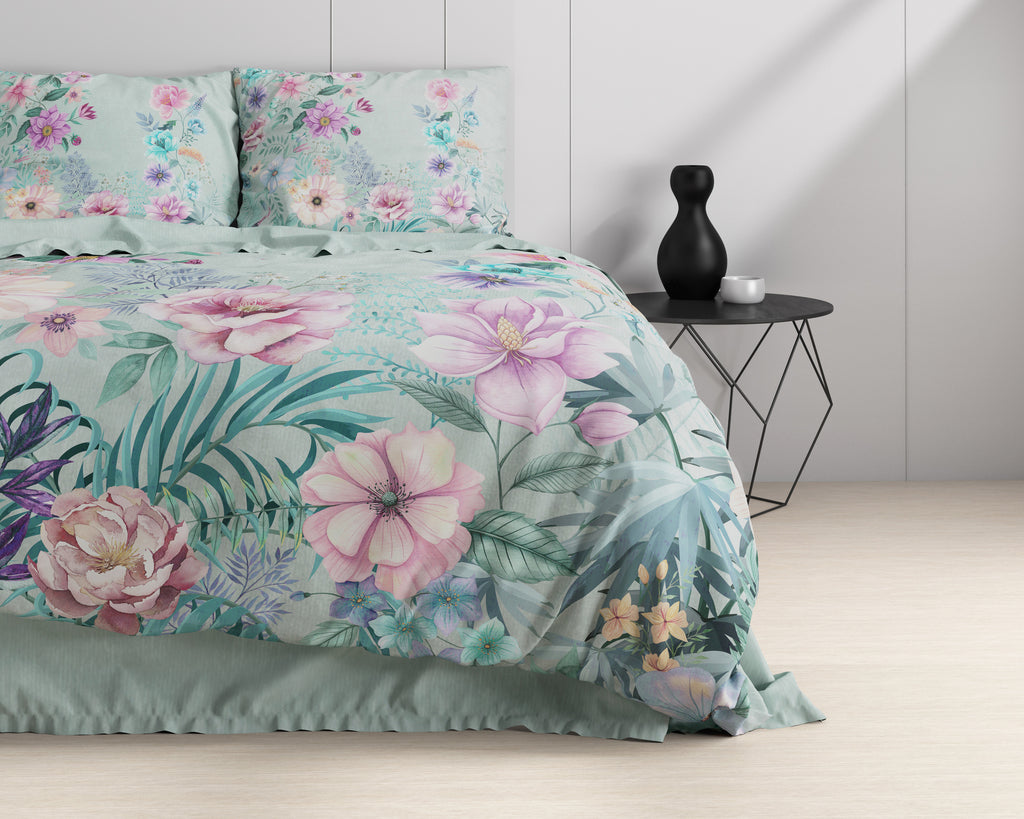 Dekbedovertrek katoensatijn Flore bloemenprint blauw 240 x 220 cm, met 2 kussenslopen voor de slaapkamer