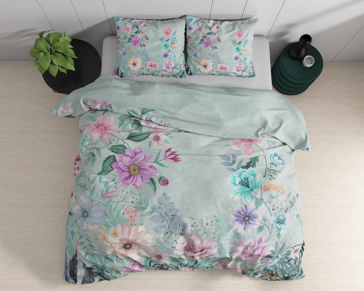 Dekbedovertrek katoensatijn Flore bloemenprint blauw 240 x 220 cm, met 2 kussenslopen voor de slaapkamer