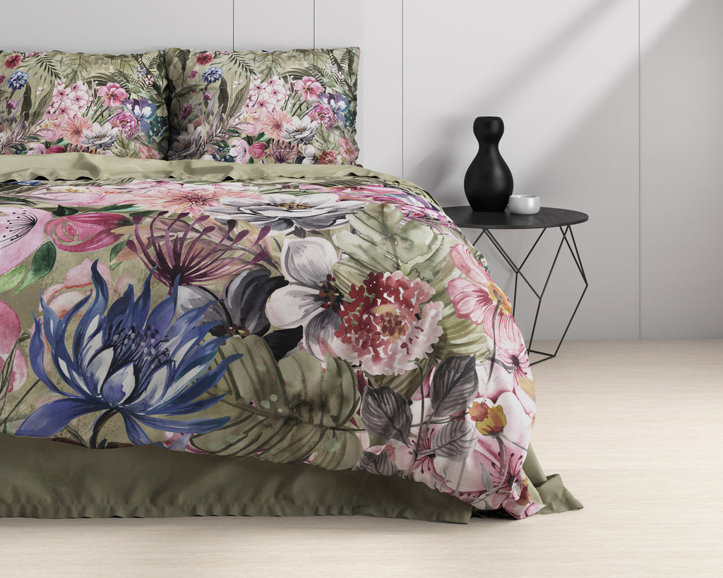 Dekbedovertrek katoensatijn Aurelie groen met bloemenprint, dubbelzijdig 240 x 220 cm, met 2 kussenslopen