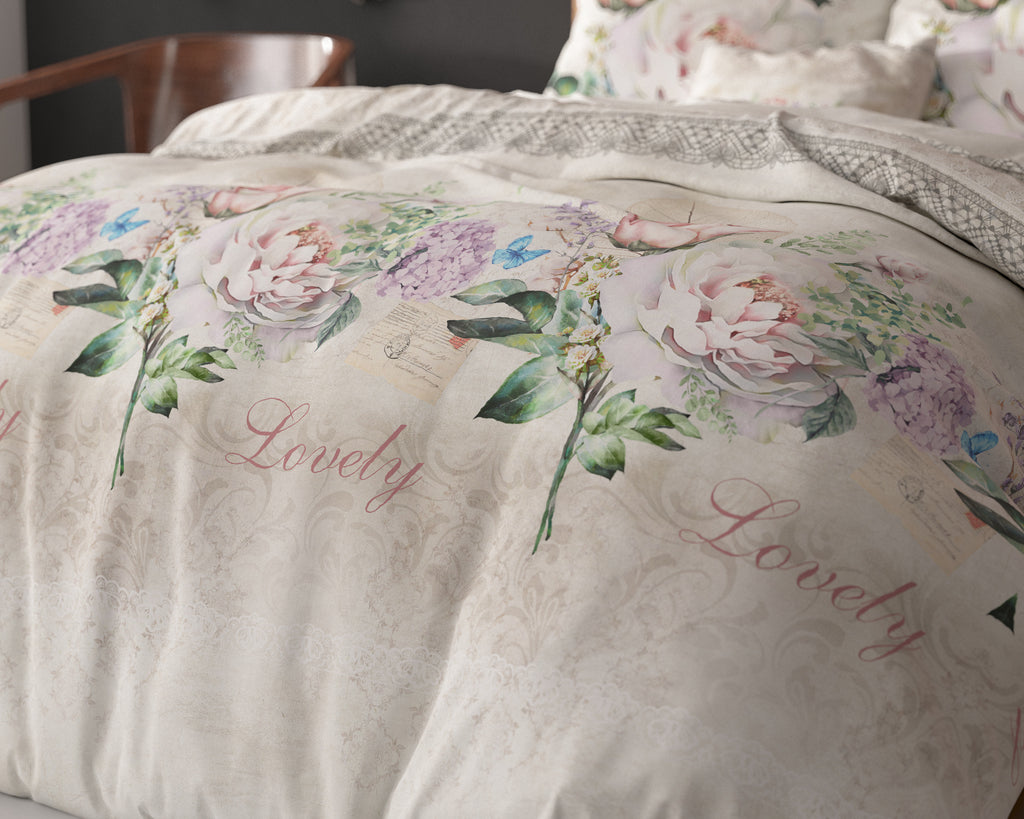 Dekbedovertrek katoen-polyester Lovely Flower beige met bloemenprint 140 x 220 cm, met kussenslopen 60 x 70 cm