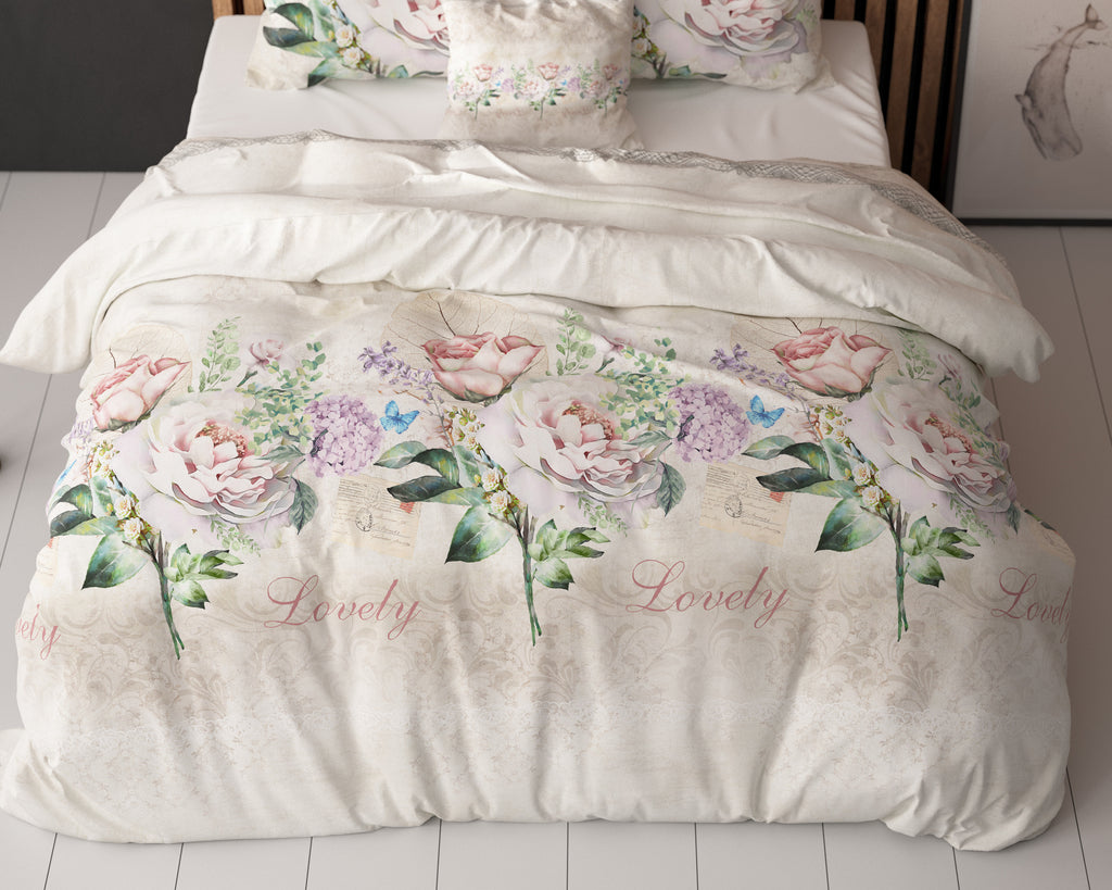 Dekbedovertrek katoen-polyester Lovely Flower beige met bloemenprint 140 x 220 cm, met kussenslopen 60 x 70 cm