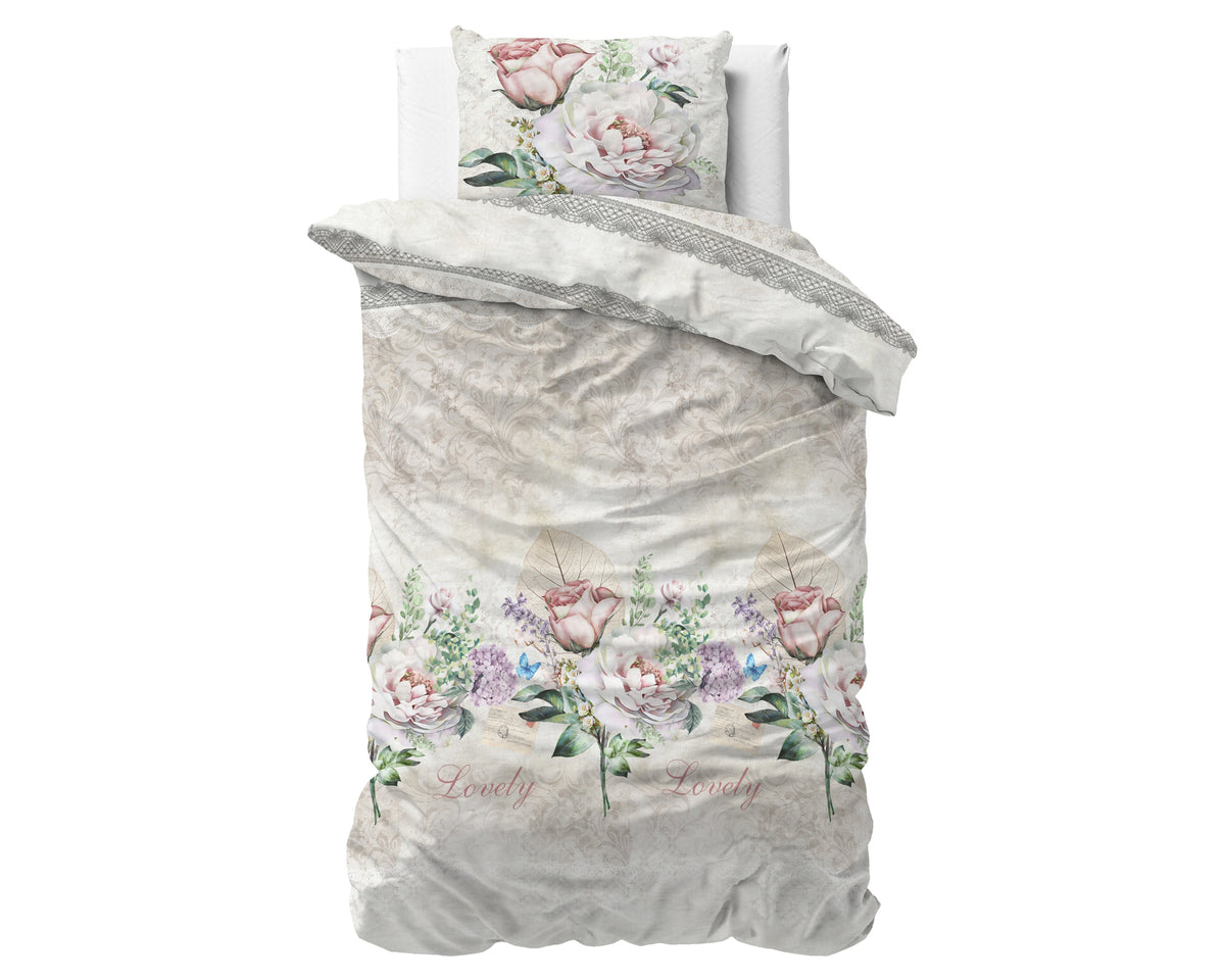 Dekbedovertrek katoen-polyester Lovely Flower beige met bloemenprint 140 x 220 cm, met kussenslopen 60 x 70 cm