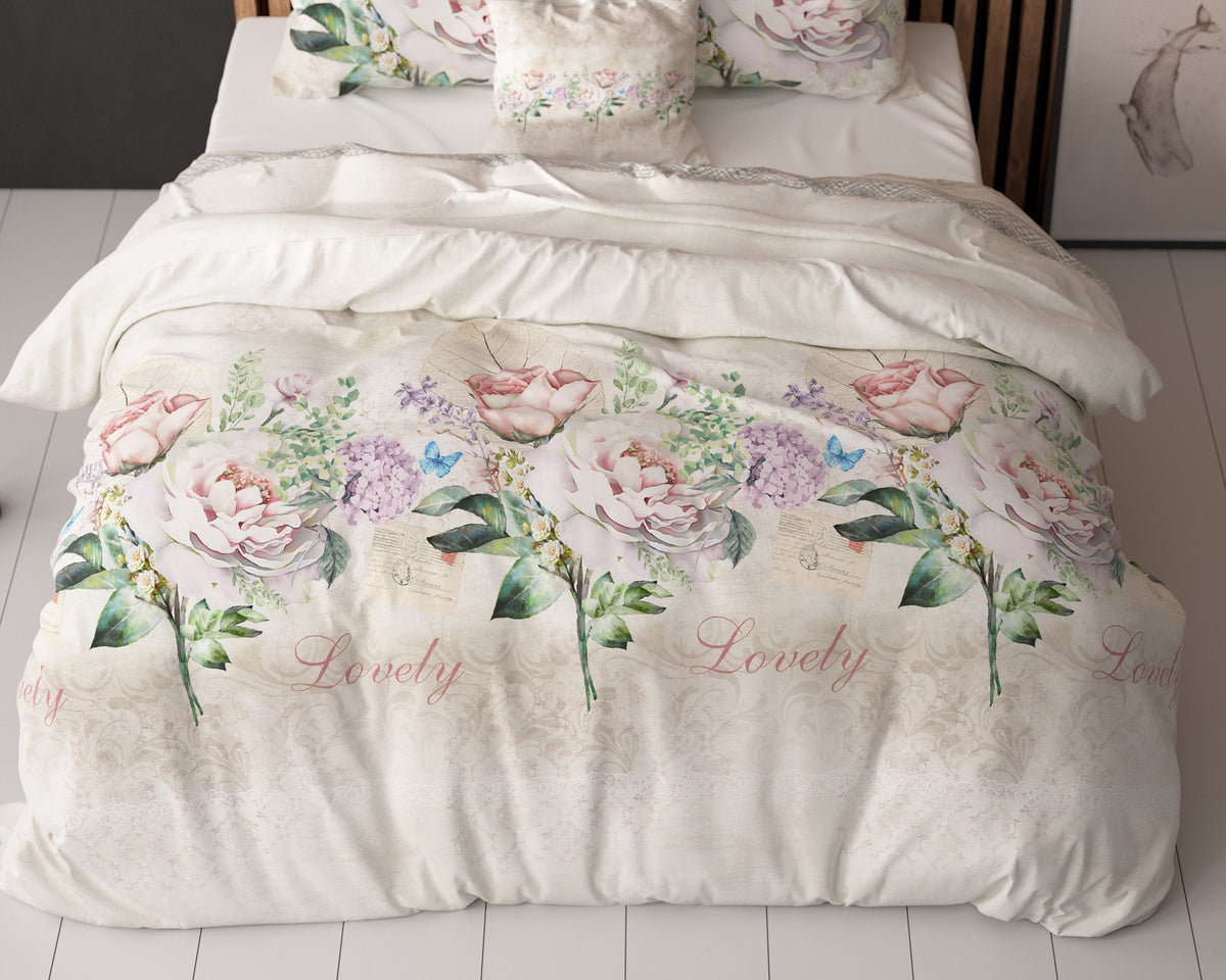 Dekbedovertrek katoen bloemenprint beige 200 x 220 cm, met kussenslopen 60 x 70 cm