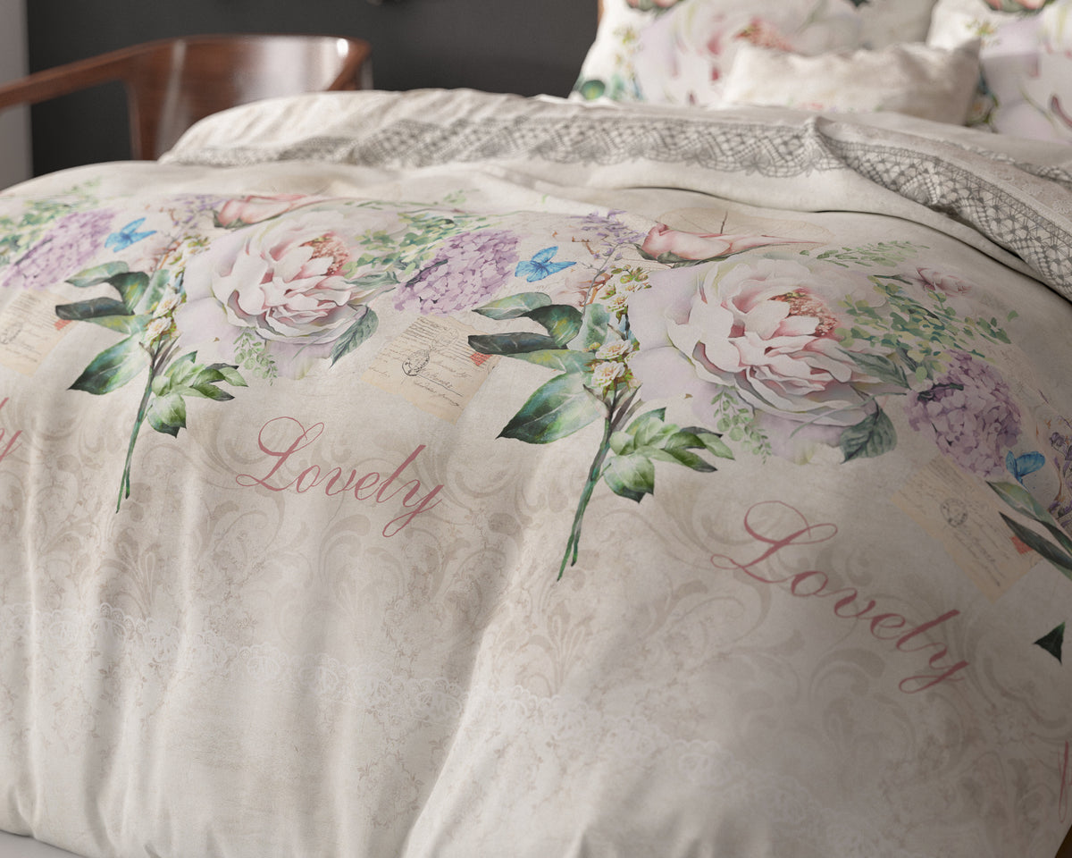 Dekbedovertrek katoen bloemenprint beige 200 x 220 cm, met kussenslopen 60 x 70 cm