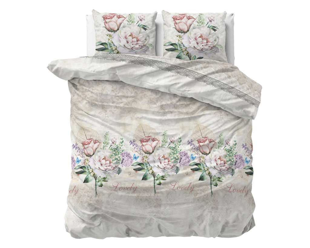 Dekbedovertrek katoen bloemenprint beige 200 x 220 cm, met kussenslopen 60 x 70 cm