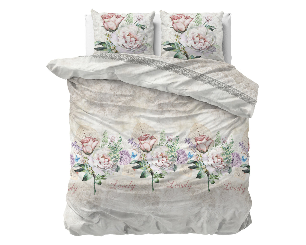 Dekbedovertrek katoen bloemenprint beige 200 x 220 cm, met kussenslopen 60 x 70 cm