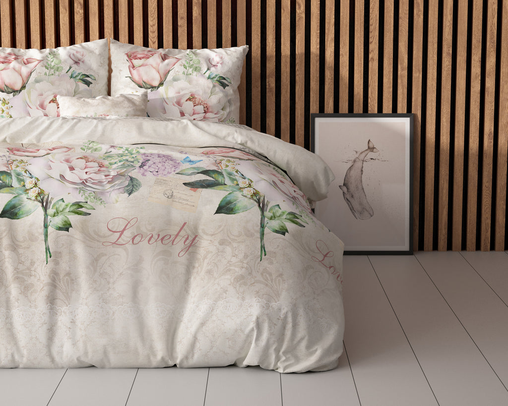 Dekbedovertrek katoen-polyester bloemenprint beige 240 x 220 cm, met kussenslopen 60 x 70 cm