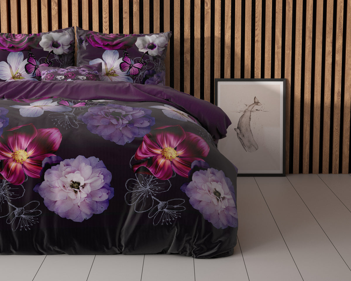 Dekbedovertrek katoen-polyester bloemenprint paars 240 x 220 cm, met kussenslopen 60 x 70 cm