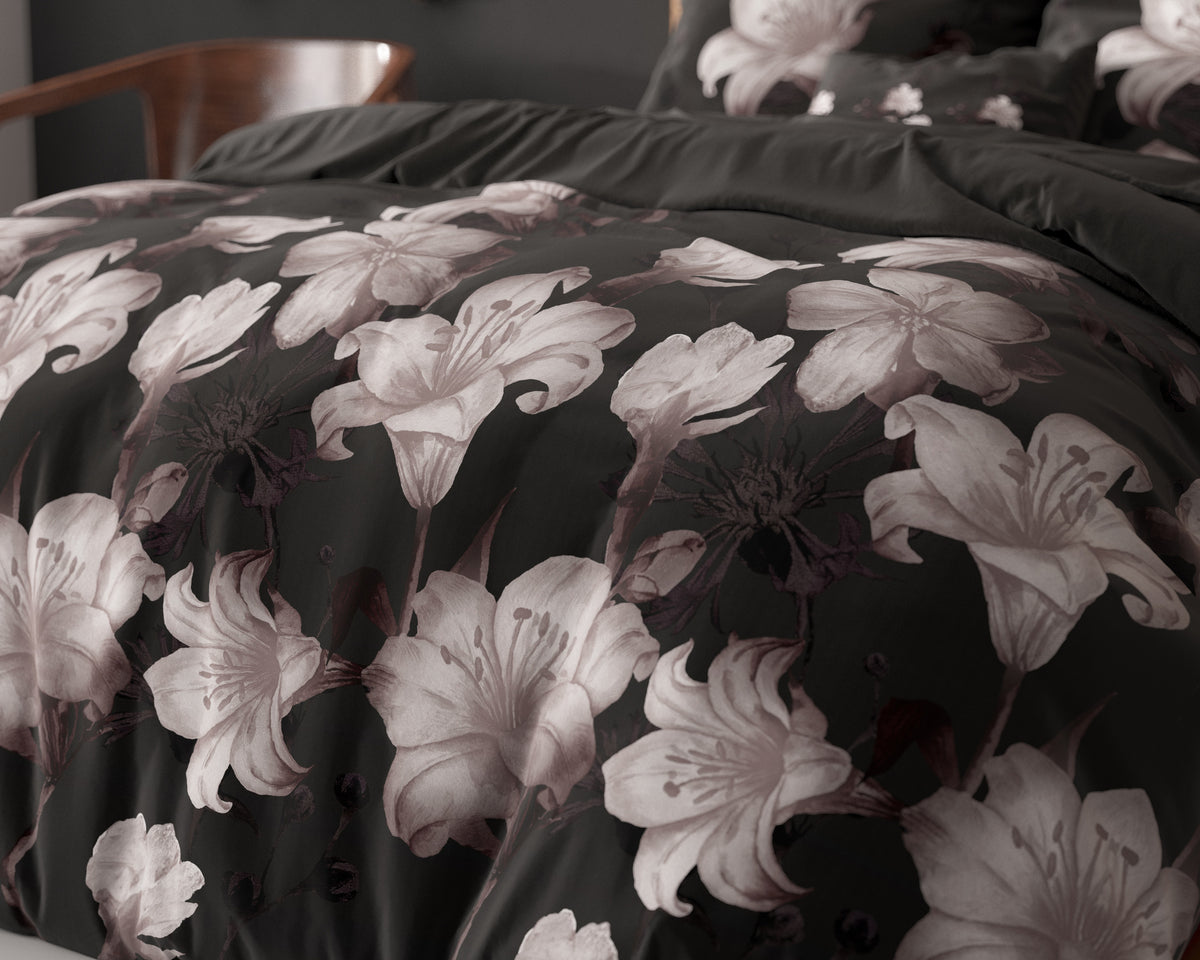 Dekbedovertrek katoen-polyester bloemenprint zwart 200 x 220 cm, met kussenslopen 60 x 70 cm