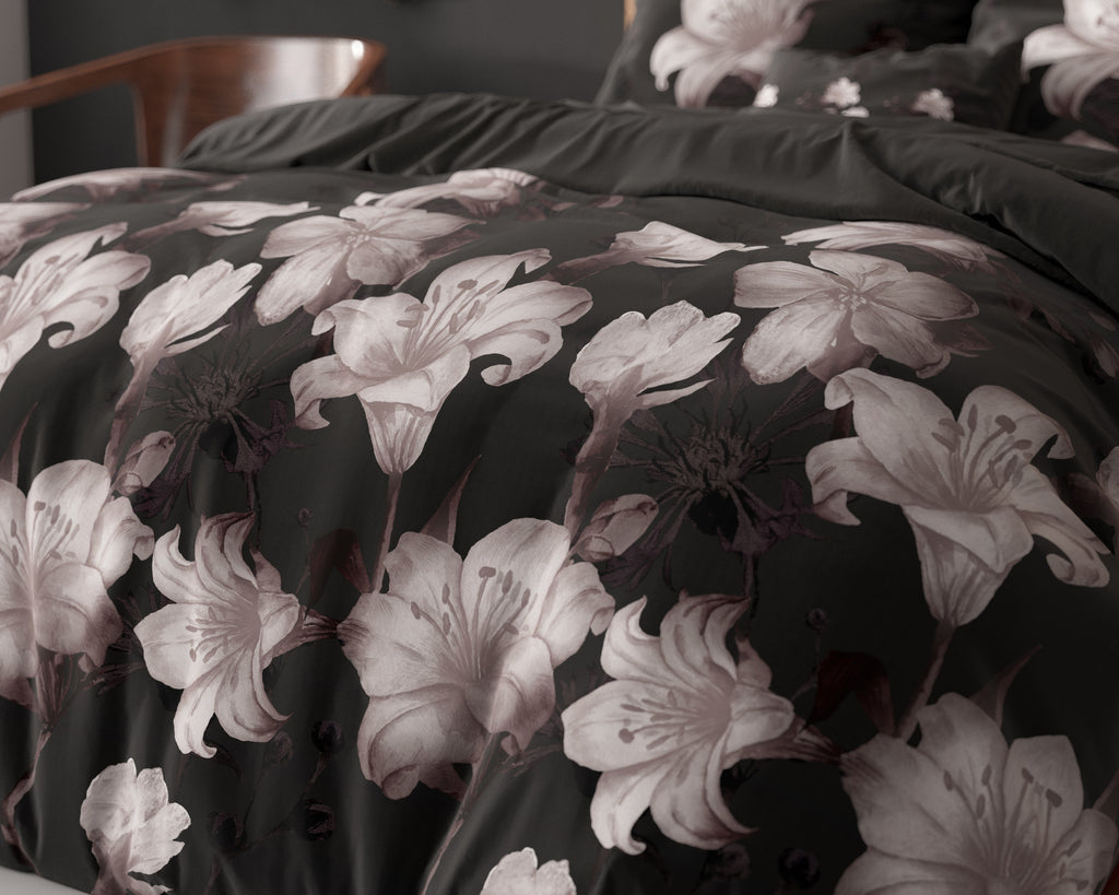 Dekbedovertrek katoen-polyester bloemenprint zwart 200 x 220 cm, met kussenslopen 60 x 70 cm
