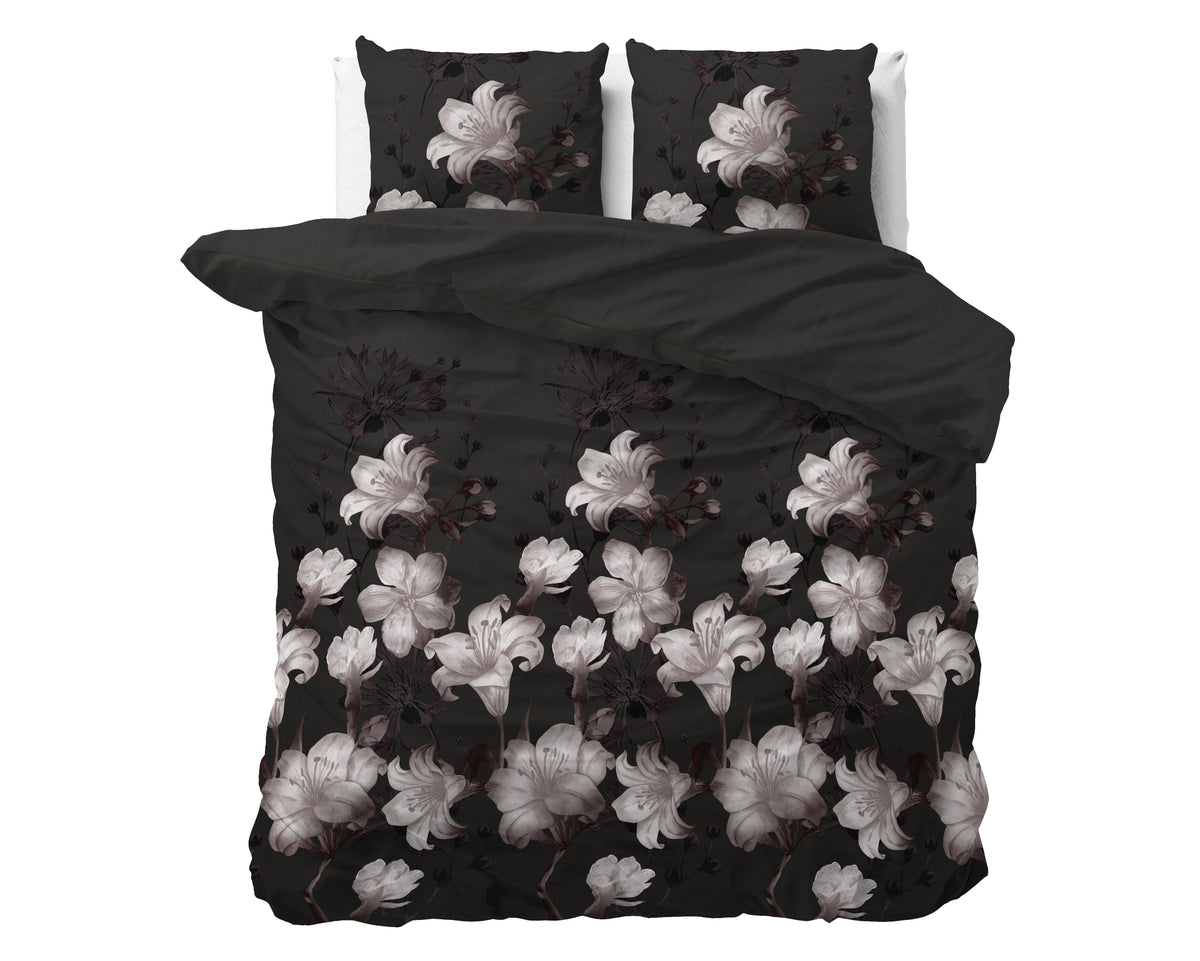 Dekbedovertrek katoen-polyester bloemenprint zwart 200 x 220 cm, met kussenslopen 60 x 70 cm